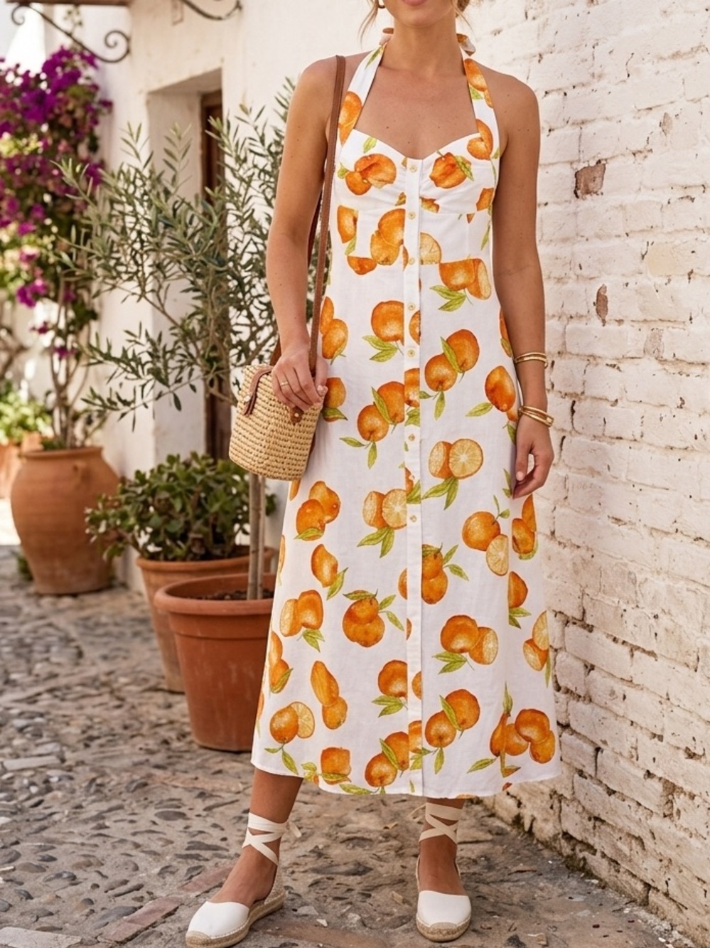 Zara Orange Print Linen Blend Midi Dress Halter Italian Summer Coastal Girl